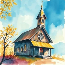 small centered on watercolor paper, paint brush strokes, abstract watercolor painting of traditional scandinavian wooden church with tower, viking dragon decor, translucent leaves, cinematic light, national romanticism by hans dahl, by jesper ejsing, by anders zorn, by greg rutkowski, by greg manchess, by tyler edlin