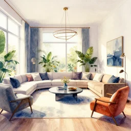 a hiper intricate watercolor of a beatiful modern indoor living room, extremely detailed, sharp focus, wide view, smooth, digital illustration, colorfull, by william turner art, by greg rutowski