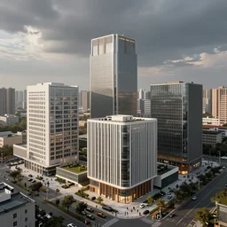 several small office building clusters with cultural characteristics in xi'an, china in the future : photography, modern architecture, human perspective, marble and wood, by louis kahn and moshe safdie and normal foster + tadao