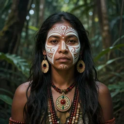 beautiful matte painting of a portrait of a plant teacher spirit uchu sanango in the jungle, shamanic vibes, tribal face paintings, ayahuasca, matte painting, realistic