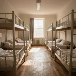 hogwarts boy dormitory with rows of beds early in the morning, sun shining behind closed curtains, realistic and detailed pencil drawing