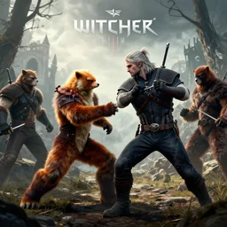 gerald of rivia fighting with fursuit people from witcher 3 ( 2 0 1 5 videogame ), cinematic, concept art, loading screen