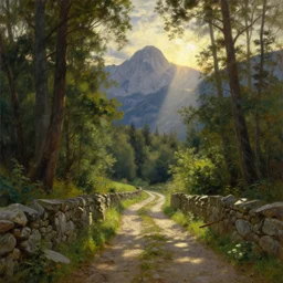 oil painting of medieval forest path in dawn by anders zorn, wonderful art by greg rutkowski, incredible lighting, shadows, beautiful cinematic light, american romanticism by greg manchess, tall rocky mountains and storm clouds, sun rays, sunshine, bright sunny summer day, stone walls