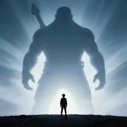 tiny silhouette standing in front of giant being, magical lighting, digital art, artwork, artstation, 4 k