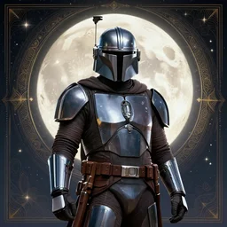 the mandalorian surrounded by starlight, moon behind him, fantasy, intricate, elegant, hyper detailed, ultra definition, photoreal, artstation, unreal engine rendered, concept art, smooth, sharp focus, illustration, art by artgerm and greg rutkowski and alphonse mucha and garis edelweiss h 7 0 4