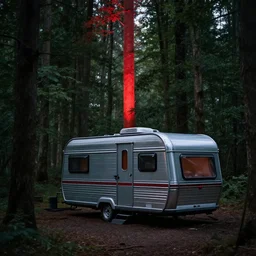 a metal camper in a forest clearing, pillar of red light visible in background