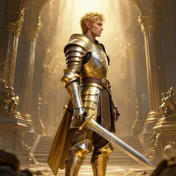 elf profile view with armor in golden and silver colors and a curve long sword, full body, epic masterpiece of cinematographic hyperrealism, realistic shaded lighting poster by craig mallismo, artgerm, jeremy lipkin and michael garmash, unreal engine, radiant light, detailed and intricate environment, digital art, art station trends