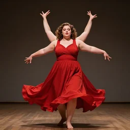 photo europian beautiful fat women with simmetrical beautiful face dressed in a red dress dansing, anatomically correct, full shot, kodak, sinematic lighting