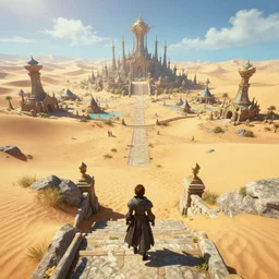 the entrance of the beautiful isolated sacred spiritual fantasy alien village in a vast sand desert, 3 rd person action adventure, screenshot, gameplay, final fantasy, square enix, squaresoft, jrpg, cutscene, unreal engine, 4 k, ultra high settings, rtx, next gen graphics, playstation 5