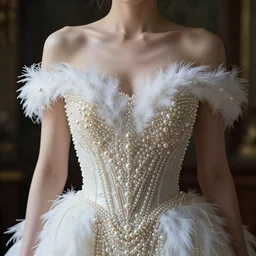 a lady with a decorated dress made of white pearls and white plumes of swan highly detailed digital _ painting, cinematic, volumetric lighting, f 8 aperture, cinematic