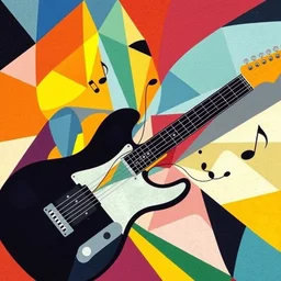 guitar, notes, rainbow geometric architectures blend with organic shapes, abstract expressionism, geometric structures in style of sonia delaunay, high detail, symmetry, poster