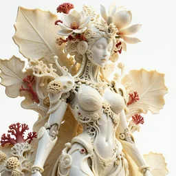 intricate hyper detailed ultra sharp focus 3 d render of a beautiful porcelain ivory fair seductive woman medium shot portrait, close - up, bright 3 point light, alexandre ferra georg loschner white mecha, cyberpunk mechanical haute couture huge fractal mycelum and fungi, red corals, huge magnolia goliath head ornaments, big embroidered leaves filigree sinuous roots, octane render, volumetric cinematic lighting, 8 k, yellow, vray tracing
