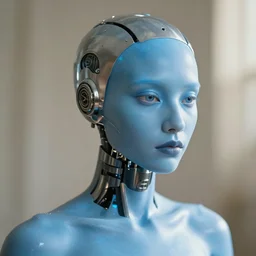 natural light, soft focus portrait of an android with soft synthetic blue skin, bioluminescent plastics, smooth shiny metal, elaborate head piece, piercings, skin textures, by annie liebovotz,