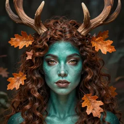 beautiful digital painting of a beautiful woman with teal skin and antlers made of wood on her head, brown curly hair with orange oak leaves, D&D, fantasy, intricate, beautiful eyes, cinematic lighting, highly detailed, digital painting, Artstation, concept art, smooth, sharp focus, illustration, art by Artgerm and Greg Rutkowski, Alphonse Mucha and Rossdraws