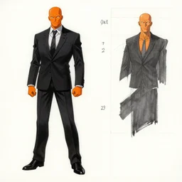 character design sheet illustrated by yoji shinakawa, metal gear solid, anthromorphic orange man wearing a black suit