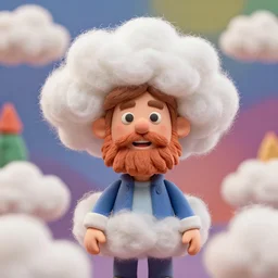 still from a claymation movie with a bearded man with his head among the clouds, fluffy white cotton clouds, colorful scene, 3 5 mm