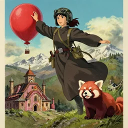 woman! with flying helmet ww 1, zombie priest, red panda!, girl! with knitted, monastery, weather airballoon red, andes mountains, in the style of gritty graphic poster, ghibli
