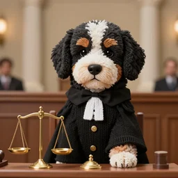 a closeup photorealistic illustration of a distinguished knitted bernedoodle judge puppy dressed in a black gown and presiding over the courthouse. scales of justice. this 4 k hd image is trending on artstation, featured on behance, well - rendered, extra crisp, features intricate detail, epic composition and the style of unreal engine.