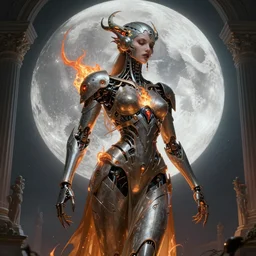 Alluring Futuristic Gothic Cyborg goddes of moon. By Frank Lloyd Wright, concept art, inrincate, sharp focus, digital painting, unreal engine, cgsociety, neoclassical, mech, robot, fractal flame, cinematic, overwatch skin, highly detailded
