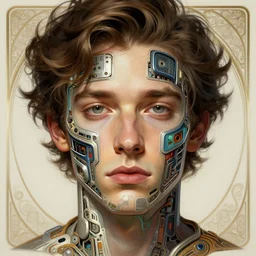 symmetry!! adam brody, computer parts embedded into face, intricate, elegant, highly detailed, digital painting, artstation, concept art, smooth, sharp focus, cyberpunk, illustration, art by artgerm and greg rutkowski and alphonse mucha, 8 k