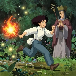 smiling hapa sorceress wearing trousers chasing will-o-wisps and casting a fireball in a garden, orthodox saint, by Hsiao-Ron Cheng, James Jean, Miho Hirano, Hayao Miyazaki, breathtaking digital 2d cover art