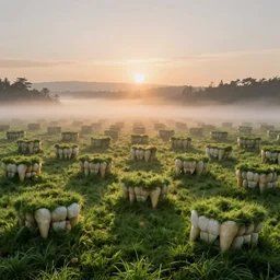 a sprawling landscape with rows of teeth instead of grass, fantasy, morning mist, sun rising