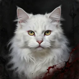 highly detailed oil painting | very intricate | cinematic lighting | black, white and blood color scheme, dark background | portrait of a exquisite beautiful white fluffy cat with yellow eyes, gothic fog ambience, hyper realistic head, fantasy victorian art, in the style of greg rutkowski, zdizslaw beksinski, intricate, alphonse mucha