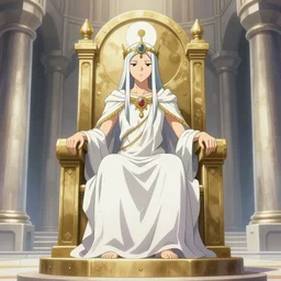 anime drawing of the high priestess sitting in her throne. yin and yang, inside an castle