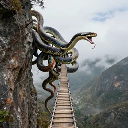 a treacherous xlotyl pass, the price of the depths below may far outweigh the treasures that lie ahead. the narrow tightrope path guarded by a many - tendriled colorful serpent who will not hesitate to hiss his horrible hiss. no one who hears what it says survives ; one whisper of that serpent and they jump.