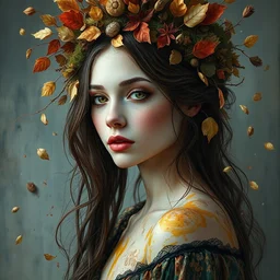 full body wide photo shot portrait of beautiful girl with intricate detailed color smashing fluid oil paint and acrylic, dried moss and dried autumn leaves headdress, melting wax, mycelia, abstract impressionism, ruan jia, dark fantasy, hyper detailed, concept art, by gustav klimt, by irakli nadar