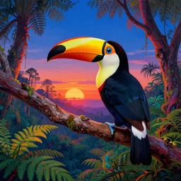 a beautiful colorful toucan bird sitting on a tree watching the sunset by henri rousseau, sunset, blue sky, colorful glowing fern forest, 4 k, hyper detailed, distant, psychedelic art, acid pixie