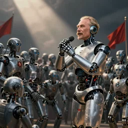 detailed photograph of a robot giving speech to a crowd of robots in the style of of vladimir lenin speaking to the red army by isaac brodsky