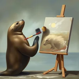 a california sea lion holding a paintbrush in it's mouth, stands at an easel, painting a self portrait