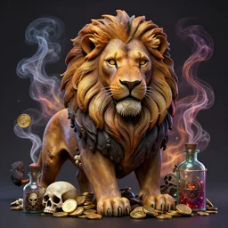 a beautiful detailed 3 d matte portrait of a alchemist lion, by ellen jewett, by tomasz alen kopera, by justin gerard, ominous, magical realism, texture, intricate, skull, skeleton, gold coins, money, whirling smoke, alchemist bottles, radiant colors, fantasy, volumetric lighting, high details