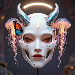 symmetrical biomechanical mask of a demon by Roberto Ferri. beautiful princess face. edisson bulb. white plastic. human skull jellyfish butterfly phoenix head. burning water. intricate artwork by Tooth Wu and wlop and beeple and dan mumford and greg rutkowski. halo. octane render, cinematic, hyper realism, octane render, 8k, depth of field, bokeh. iridescent accents. vibrant
