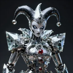 front shot of a court jester character ominous intricate polished fractal hyper cubes polished platinum cracked glass dark future polished metallic crystal shard lit edges poly extraordinary detailed robotic concept artstation sharp focus ray tracing cinematic masterpiece fine portrait