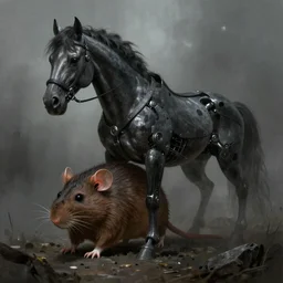 cyborg horse rat, digital painting, artstation, concept art, by donato giancola, Sean Yoro, Greg Rutkowski, trending on Artstation, Joseph Christian Leyendecker, WLOP, Boris Vallejo, dark, moody, foggy