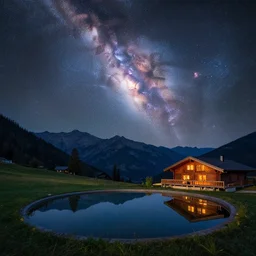 a beautiful double exposure of an astrophotography galaxy image in the sky l, and a night time landscape with mountains, reflecting pool, wooden chalet, lpoty, award winning, apod