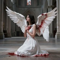 a young woman with wings made of blood, in an empty cathedral holding a knife against her chest, sideways, on her knees, wearing a white dress, sharp focus, high contrasts, full body, establishing shot, sense of awe, by greg rutkowski