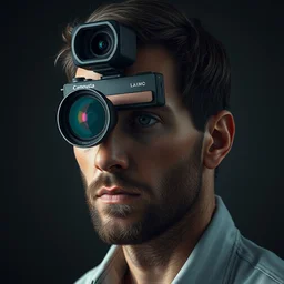 man with camera for a head, hyper realism, fine details, concept art, digital art, deviantart artstation, very sharp,