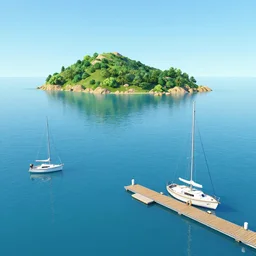 on an island in a lake with sailboats on the dock