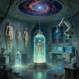 futuristic bio laboratory, decaying, glowing tanks with floating bodies mounted on the walls, ceiling mounted robotic surgeon consoles, cosmic horror painting, elegant intricate digital painting artstation concept art by syd mead detailed