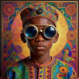 colourful vfx upper half - portrait - art of a nigerian boy wearing steam punk goggles, art by utagawa kunisada & james jean, symmetrical, intricate detail, concept art, volumetric light, ray tracing, caricature, digital illustration, octane 3 d render, unreal engine, sharp, 8 k post process, pinterest, behance, art station,