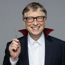 bill gates evil with vampire teeth, he has a needle in his hand that is dripping with liquid, hyper realistic, award winning, masterpiece, 4k