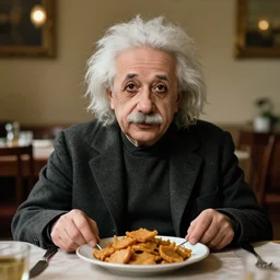 a portrait of albert einstein sitting at the dining table with a plate containing namkeen in front of him, highly detailed, trending on artstation, bokeh, 9 0 mm, f / 1. 4