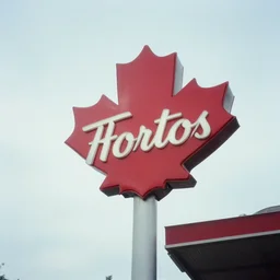a photo of the tim hortons sign from far away, analogue photography, 1 9 7 8, film