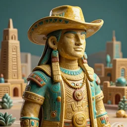 landscape city ceramic portrait gunslingers cyberpunk inca in tribal regalia, an idea seep's into infinity highly detailed in volumetric latent space, golden turquoise, cinematic light, sharp focus, divine realm of gods, octane render,