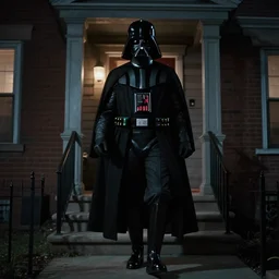 darth vader is walking up the front walk of a chicago bungalow at night, menacing mood, dark lighting