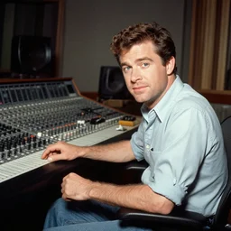 sherman hemsley sitting at a recording console in a recording studio, faded photograph from 1 9 8 2