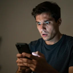 man looking at his smartphone with a horrified expression on his face. photorealistic. ultra hyper realistic. dramatic lighting.